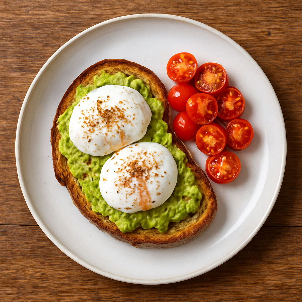 A beautifully plated café breakfast with avocado toast and poached eggs