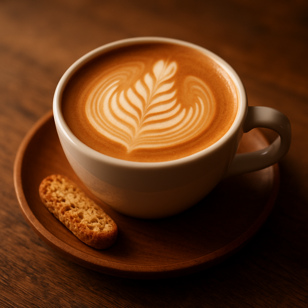 A perfectly crafted flat white coffee with latte art in a white ceramic cup