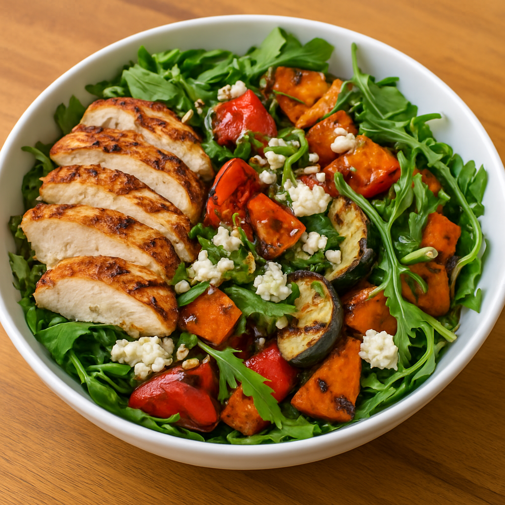 A vibrant grilled chicken salad bowl with fresh vegetables
